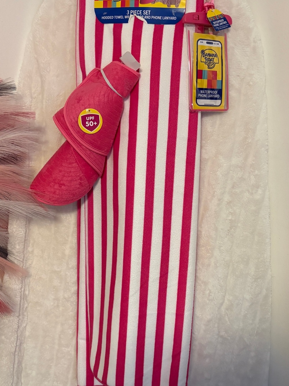 Women’s Pink Stripe Hooded Towel Set with Visor and waterproof phone lanyard